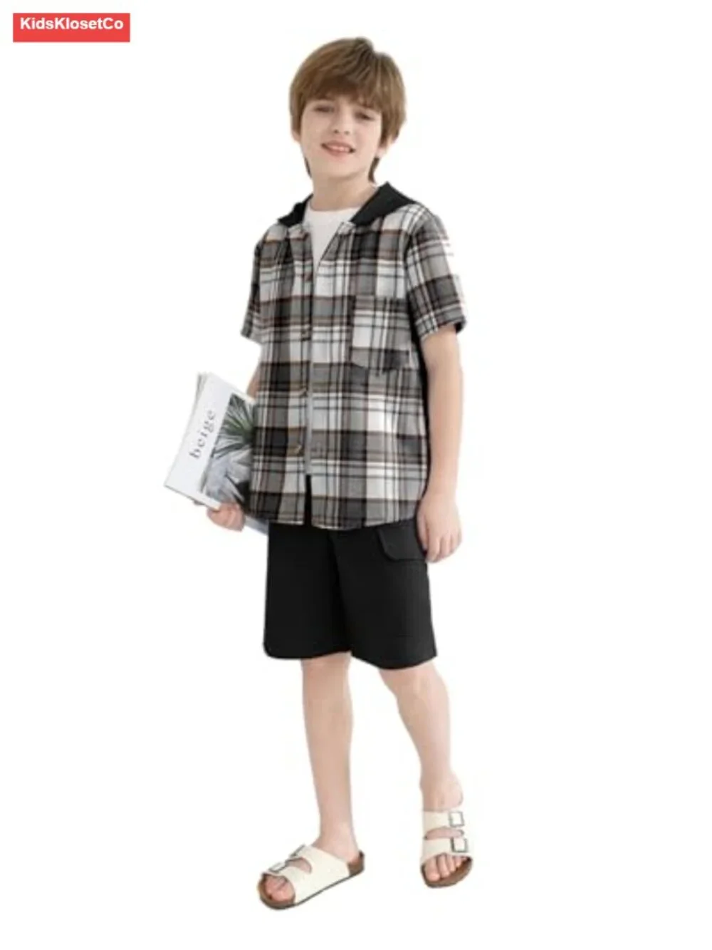 Boys Plaid Short Sleeve Hooded Button Shirt and Jogger Shorts Set